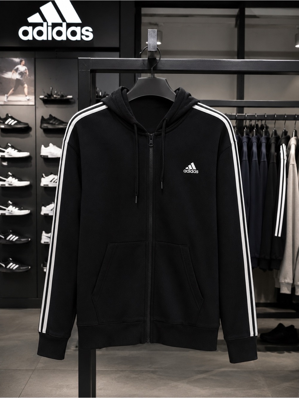adidas Black Full-Zip Hoodie with White Stripe Accents